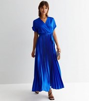 New Look Blue Satin Pleated Midi Wrap Dress